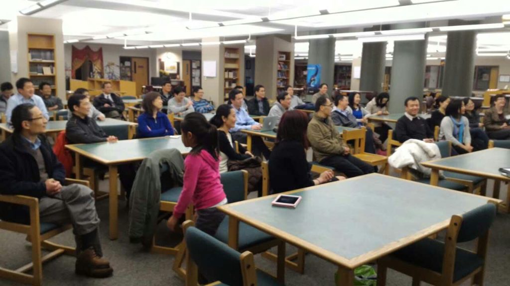 The Chinese community representatives engaging with Dichiara on 5/6 at the Sharon High School library.